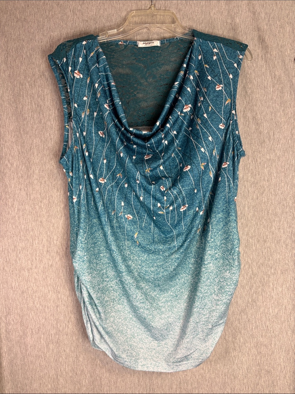 zeagoo Teal Ombre Cowl Neck Sleeveless Camisole with Floral Vine Accent